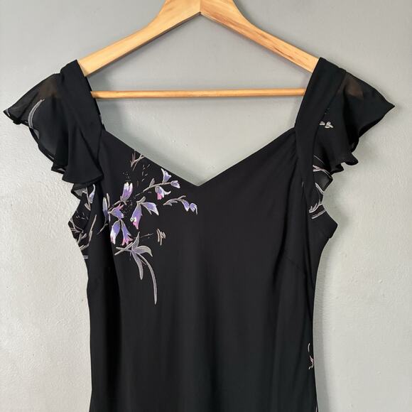 VINTAGE 90s Floral Chiffon Black Midi Dress bohemian Whimsygoth size 4 6 (VTG 8) - Picture 4 of 12